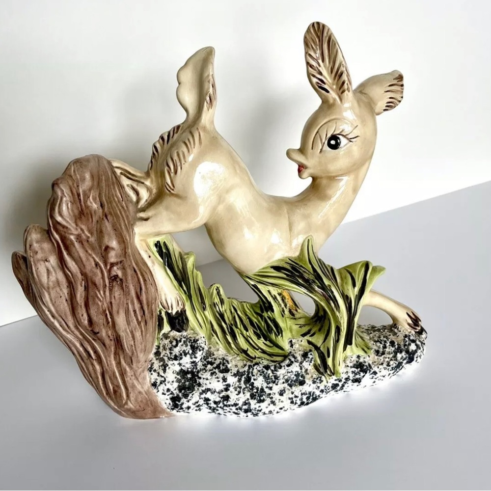 Vintage Mid Century Modern Doe Deer Ceramic Pottery Planter Figurine Bambi